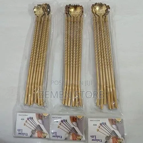 6pcs Gold Stainless Steel Spoon Straw Set - Reusable Metal Straws