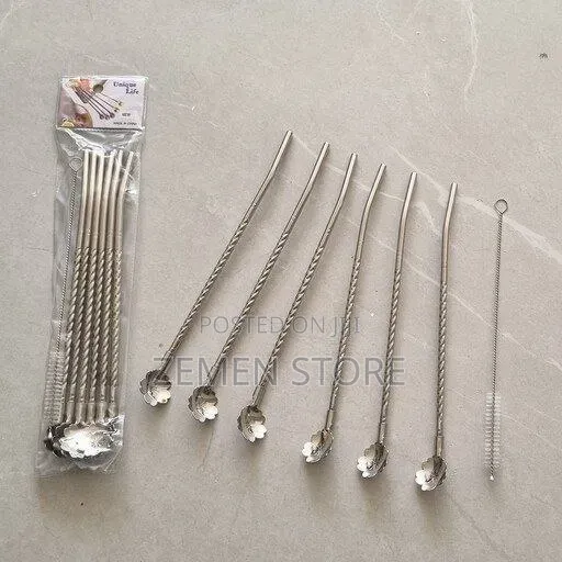 6pcs Gold Stainless Steel Spoon Straw Set - Reusable Metal Straws