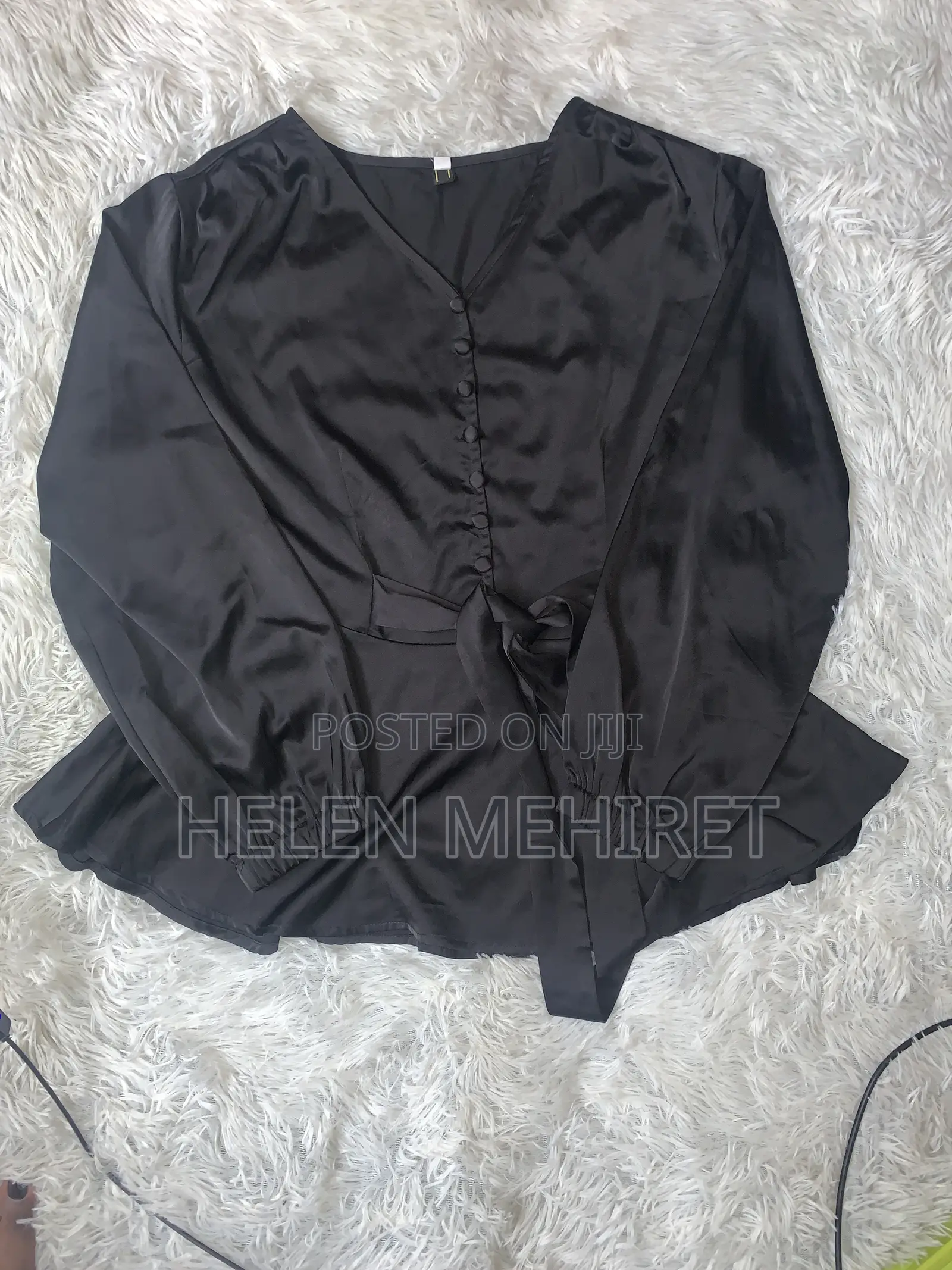 Elegant Black Satin Peplum Blouse With Waist