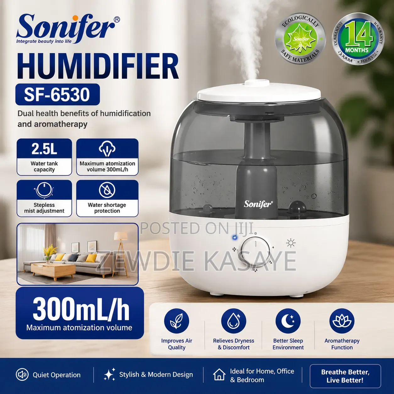 Sonifer Ultrasonic Humidifier 300ml/H, 2.5l Tank