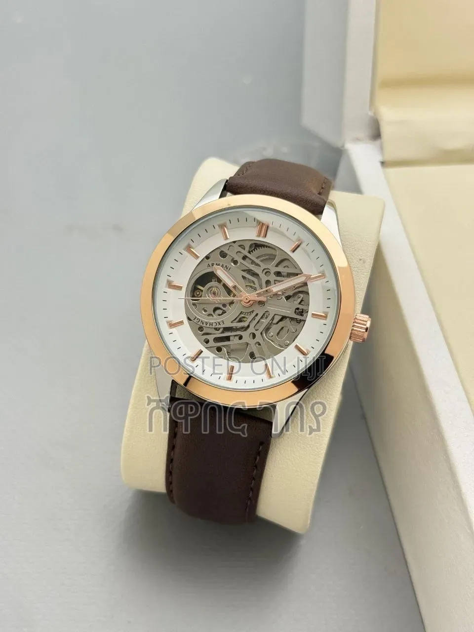 Armani Exchange Watch White Dial Rose Gold Brown Strap for Men