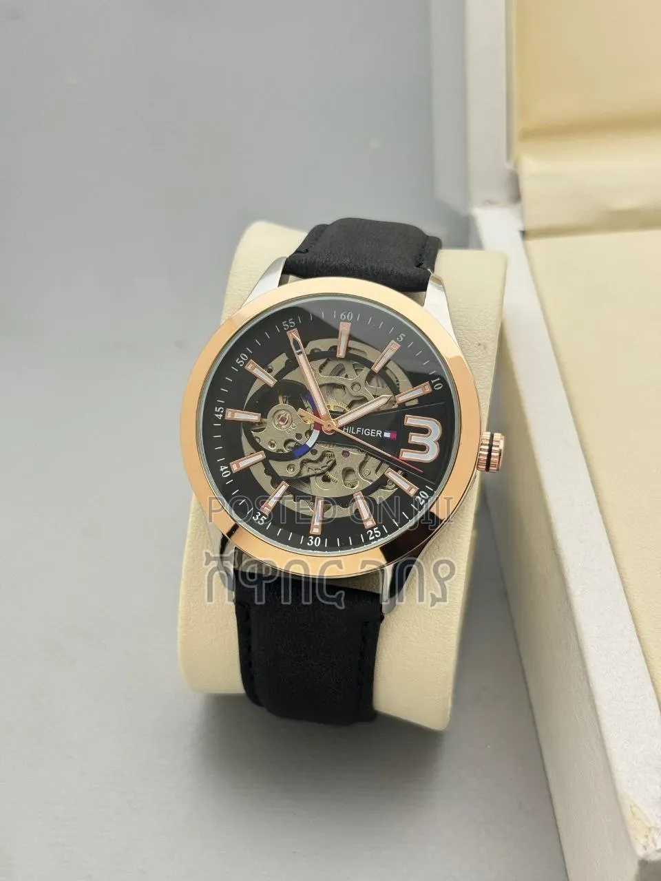 Black Dial Men Watch With Rose Gold Case Black Strap Men