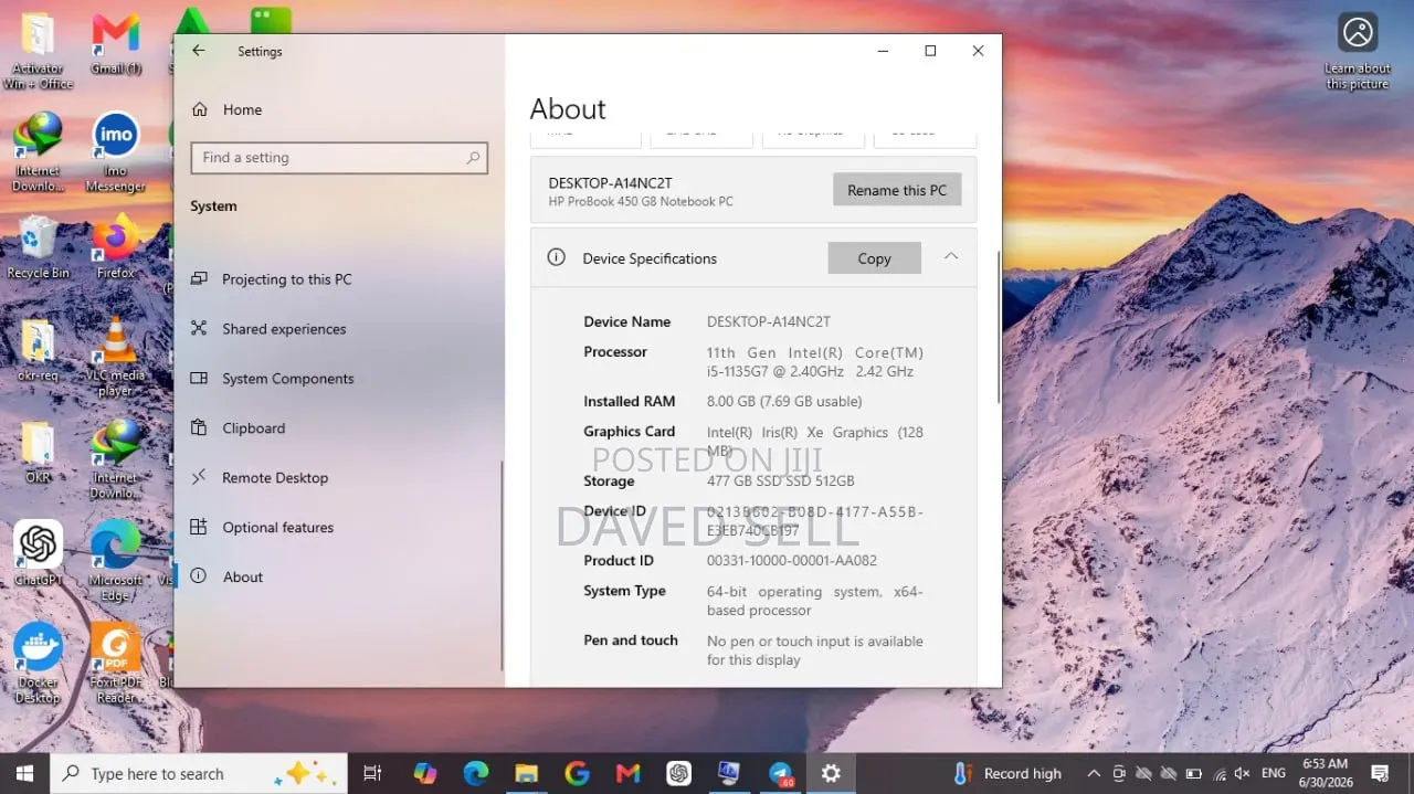 Laptop HP ProBook 450 G8 8GB Intel Core i5 SSD 512GB