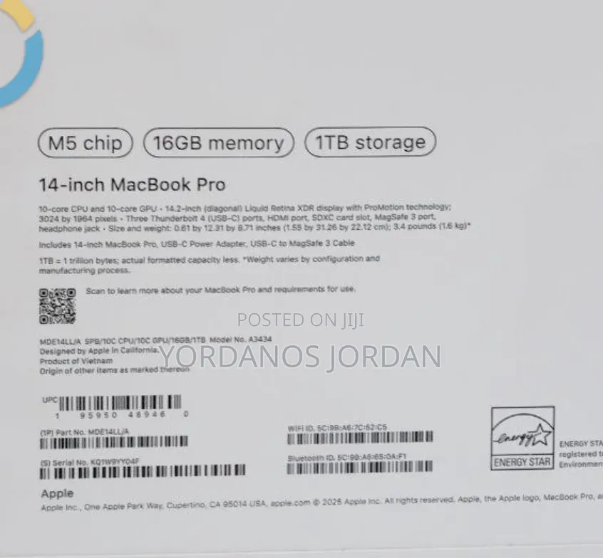 New Laptop Apple MacBook Pro 2025 M5 16GB Apple M5 SSD 1T