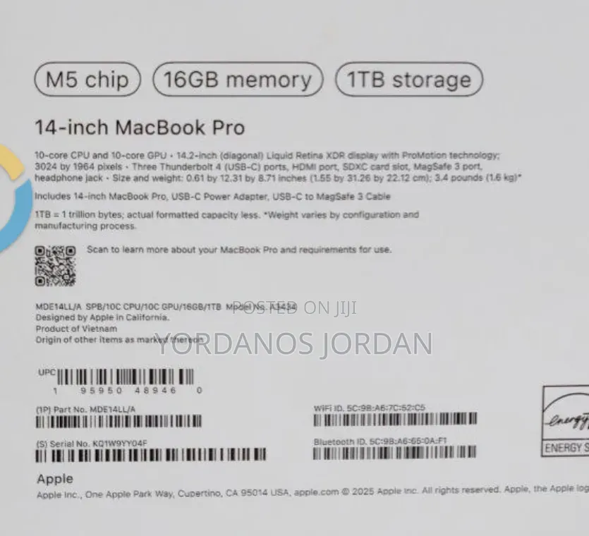 New Laptop Apple MacBook Pro 2025 M5 16GB Apple M5 SSD 1T