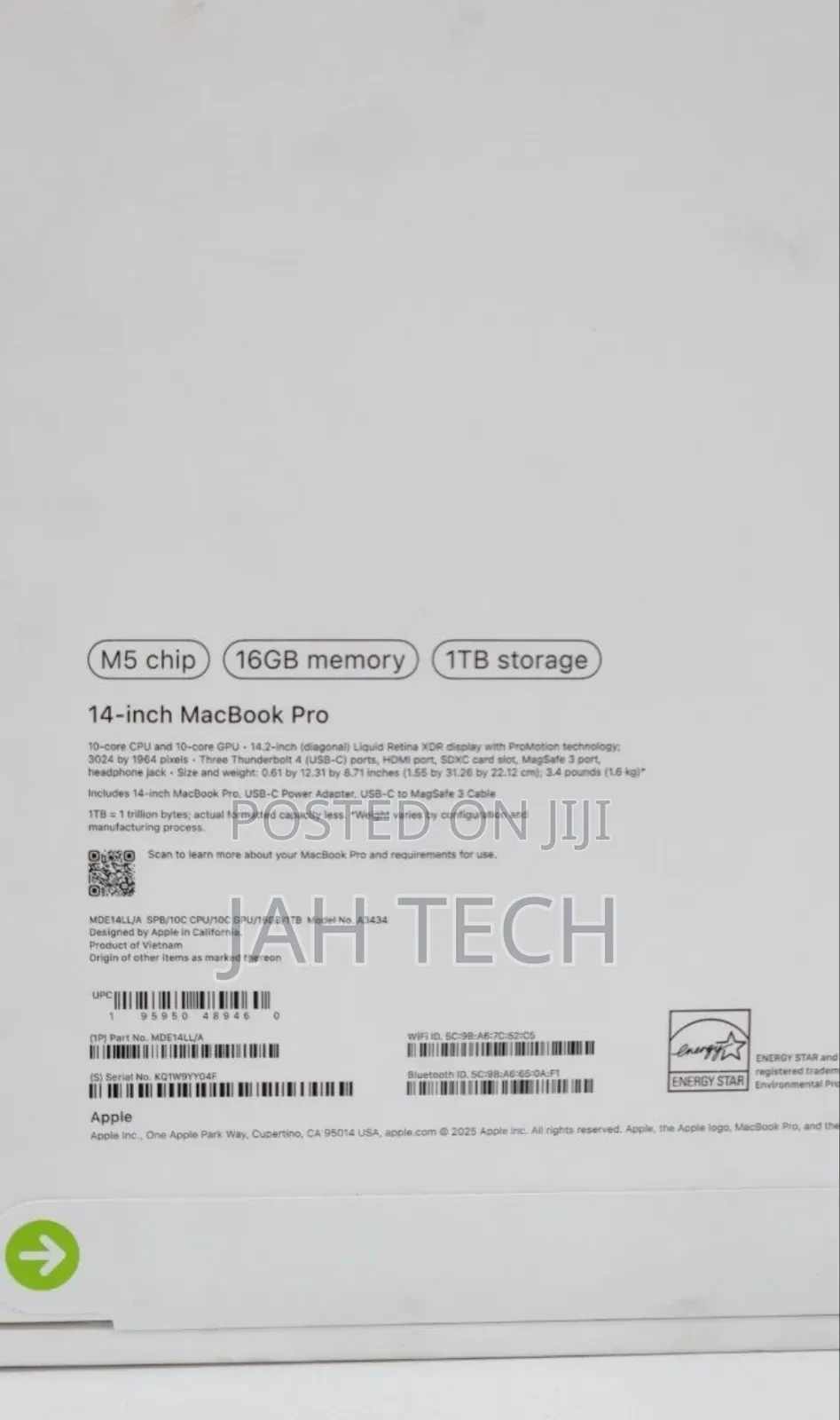 New Laptop Apple MacBook Pro 2026 M5 Pro 16GB Apple M5 Pro SSD 1T