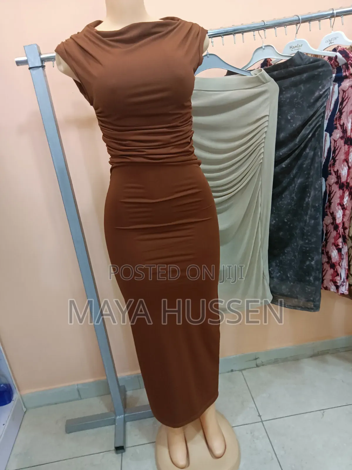 Elegant Brown Ruched Bodycon Maxi Dress - Brand New