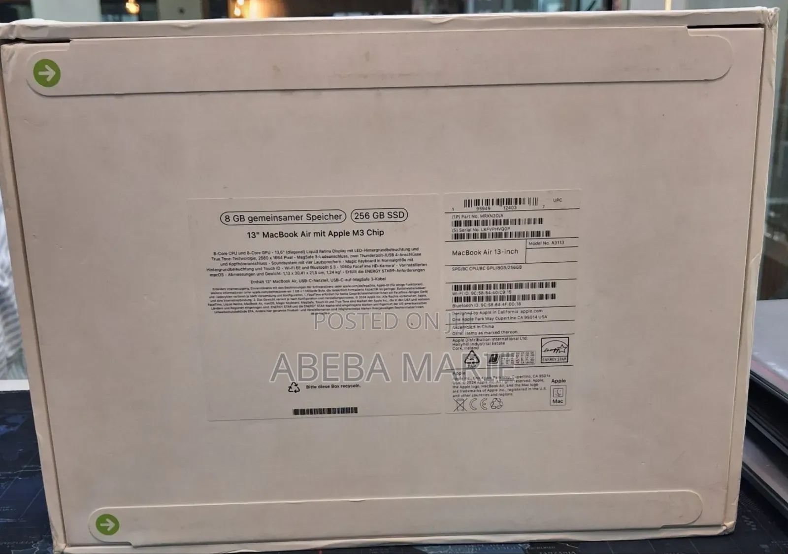 New Laptop Apple MacBook Air 2024 M3 8GB Apple M3 SSD 256GB