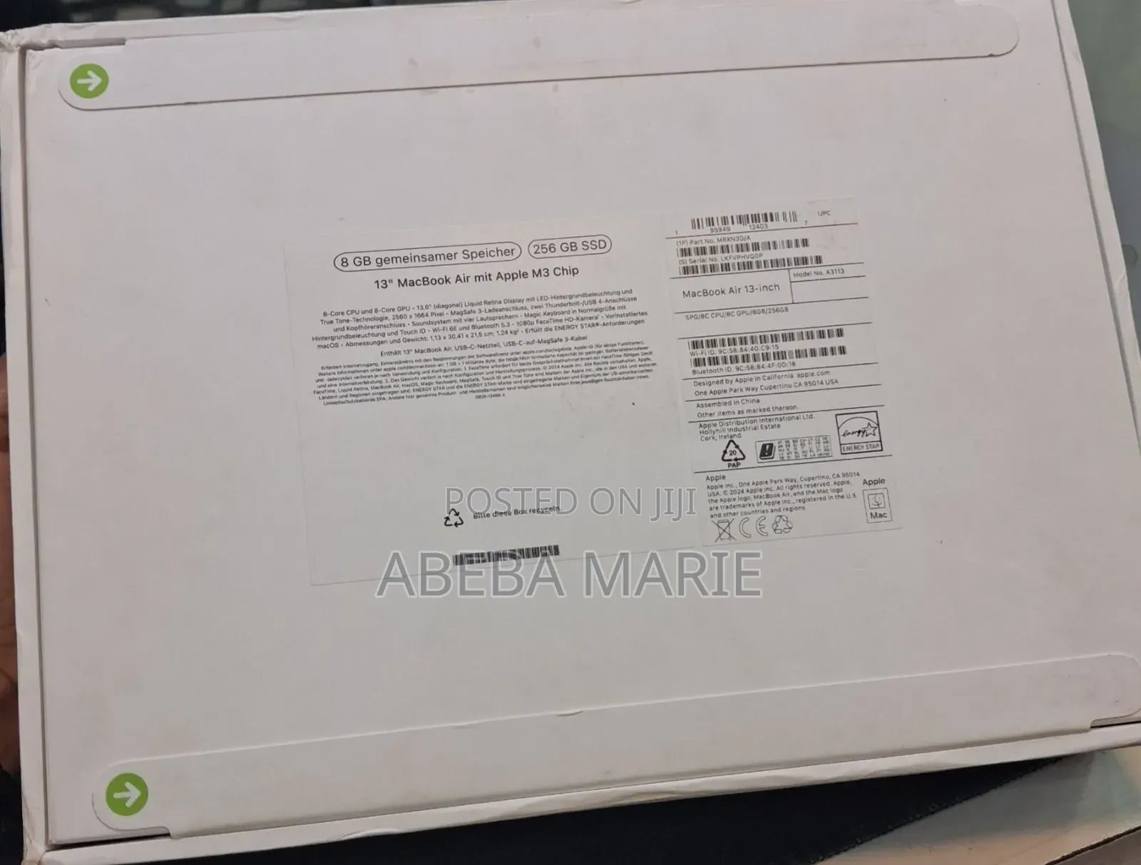 New Laptop Apple MacBook Air 2024 M3 8GB Apple M3 SSD 256GB