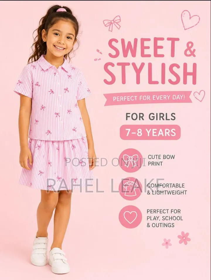 Patpat Girls' Pink Shirt Bow Mini Dress Set (7–8 Years)