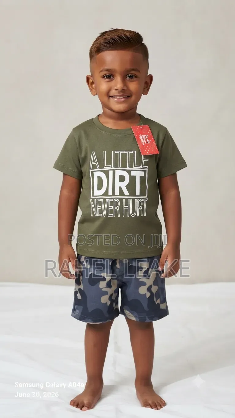 Patpat Olive Green Tee Camo Shorts Kids Set (Size 100 / 3–4y)