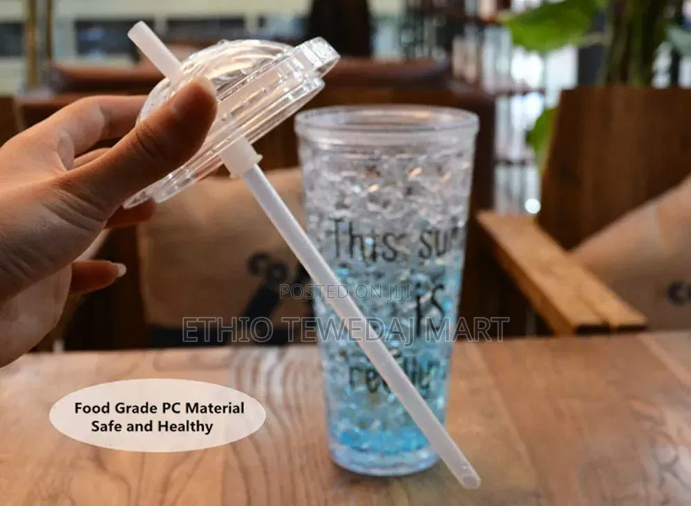 Plastic Cups With Straw, Lids,Double Layer Plastic Travel Mug