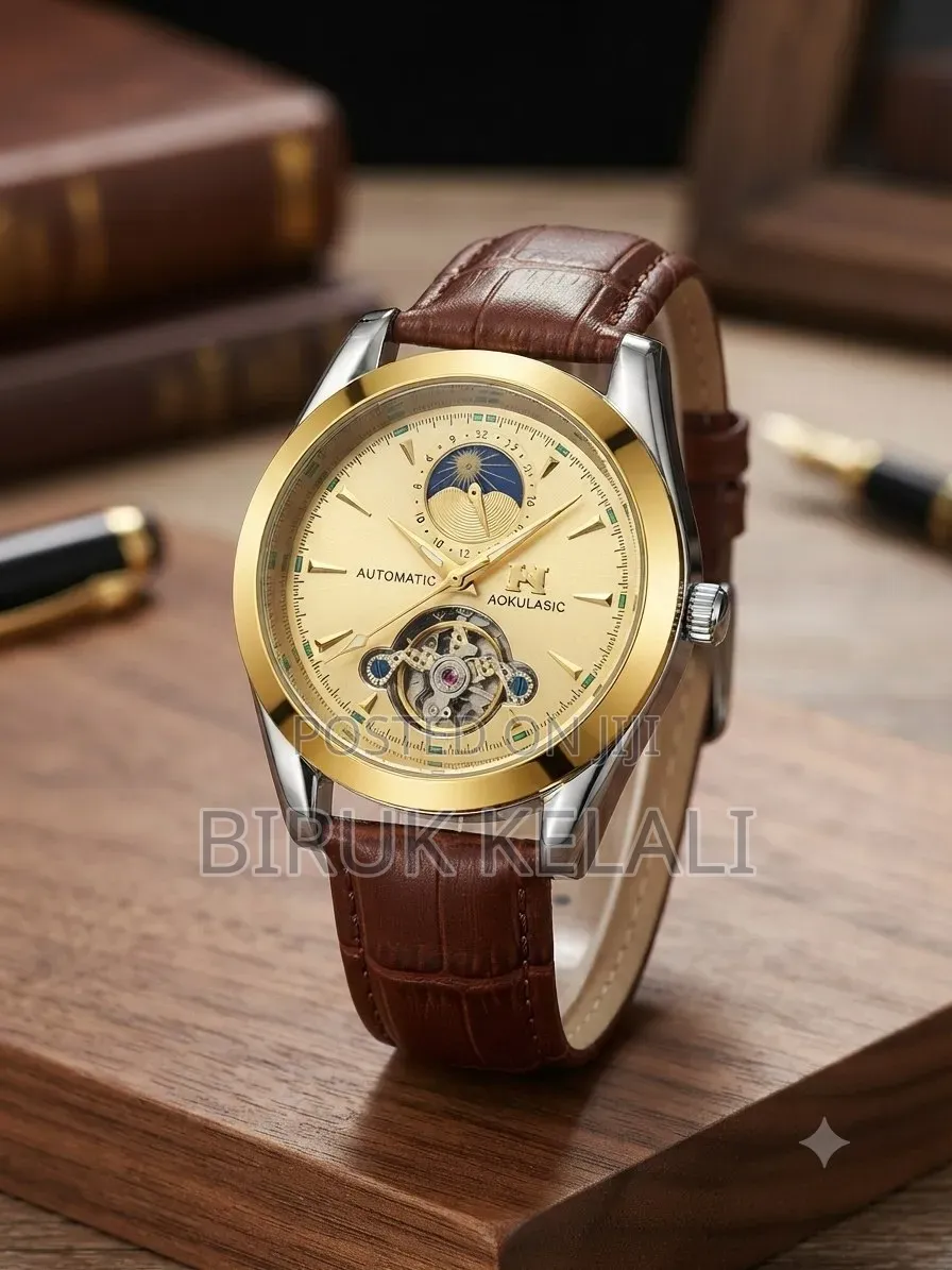 Aokulasic Automatic Mechanical Watch for Men, Featuring a Gold-Toned