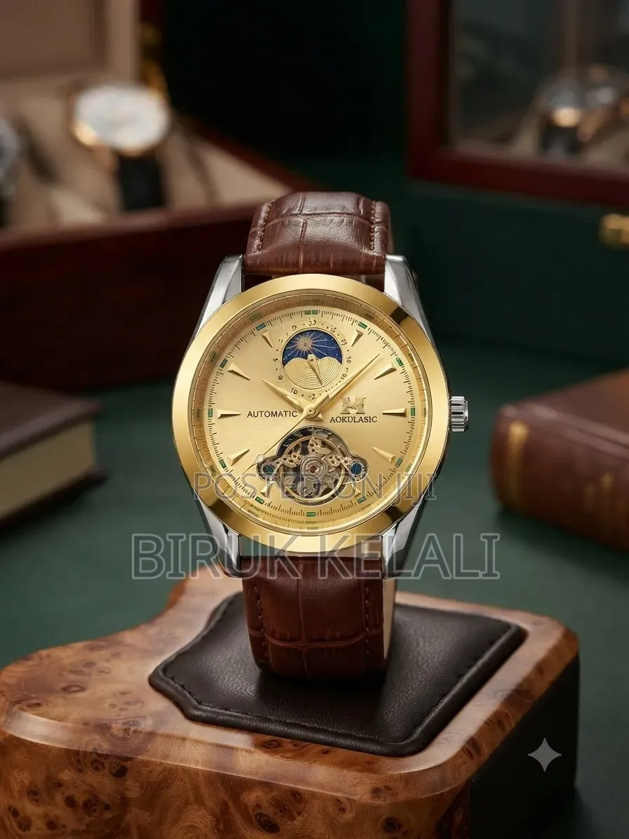 Aokulasic Automatic Mechanical Watch for Men, Featuring a Gold-Toned