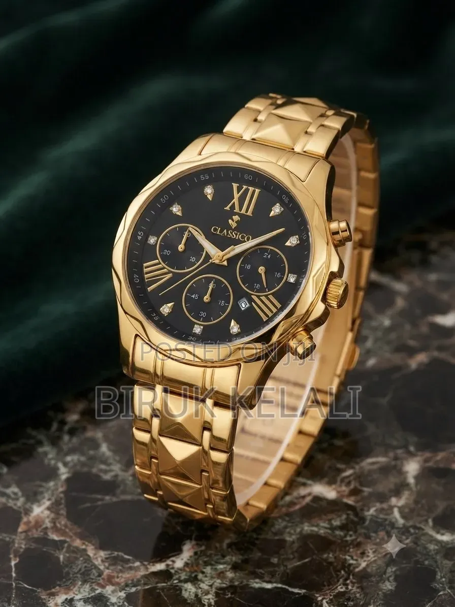 Clasico Chronograph Watch With a Black Dial and Rhinestone Markers.