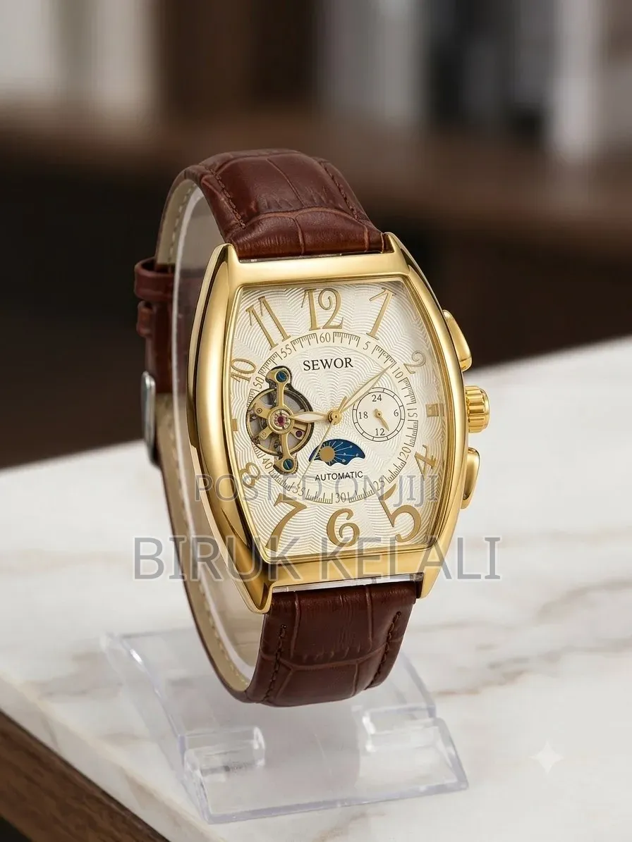 Sewor Automatic Mechanical Watch Featuring a Gold-Tone Tonneau-Shaped