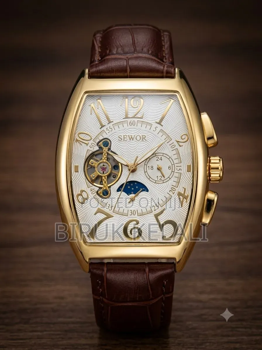 Sewor Automatic Mechanical Watch Featuring a Gold-Tone Tonneau-Shaped