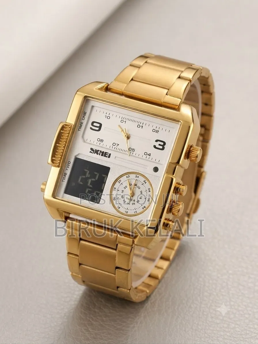 Skmei 1584, Featuring a Prominent Gold-Tone Square Case and a Dualtime