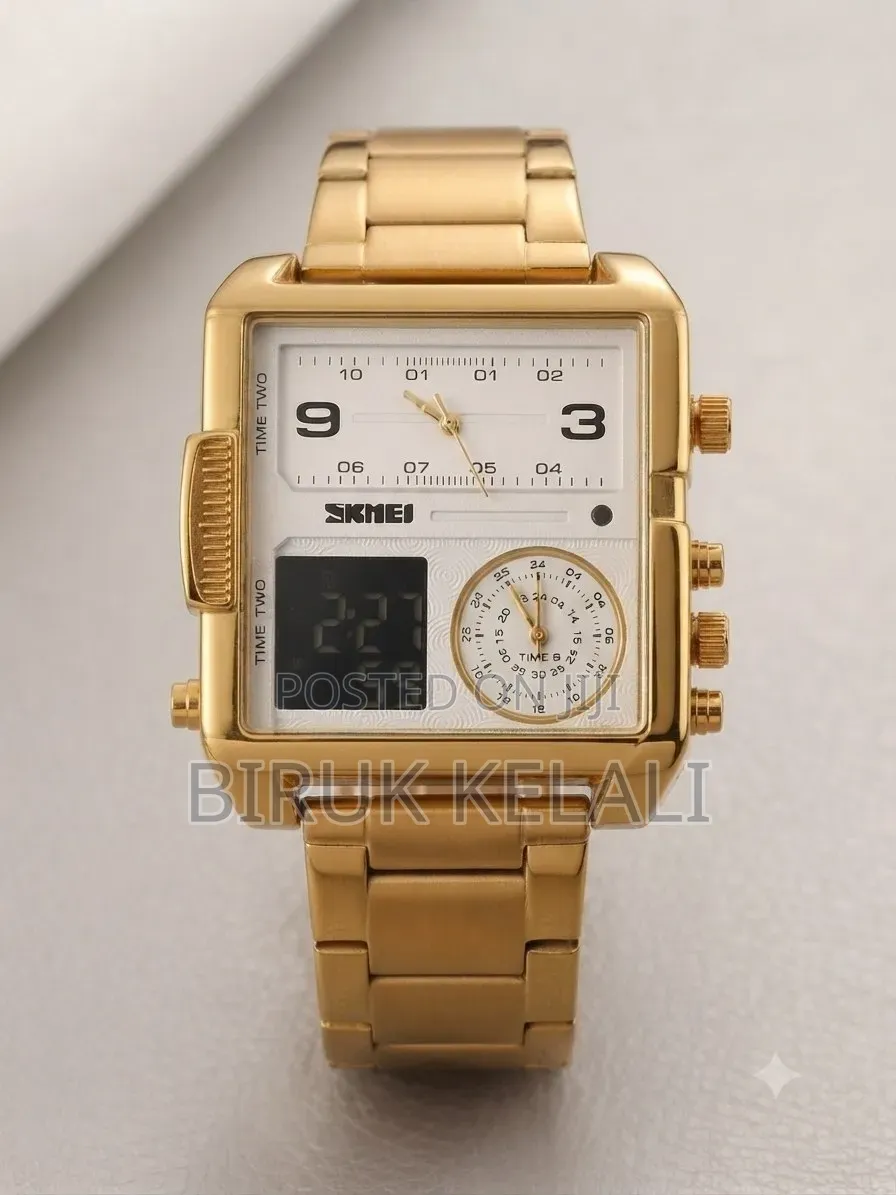 Skmei 1584, Featuring a Prominent Gold-Tone Square Case and a Dualtime