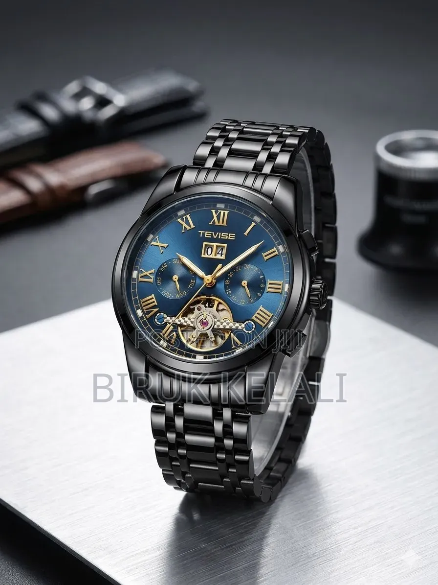 Tevise T9005 Automatic Mechanical Watch Featuring a Blue Dial