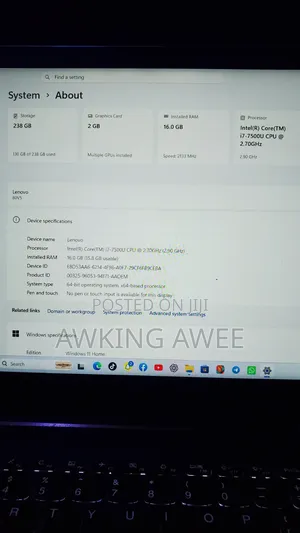 Laptop Lenovo 16GB Intel Core i7 SSHD (Hybrid) 256GB