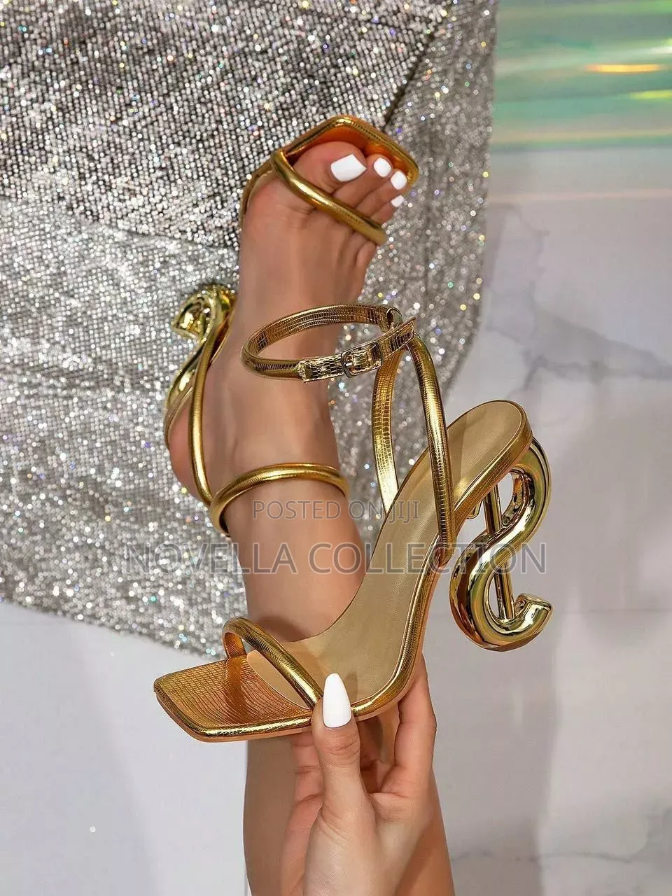Women's Fashion Square Toe Goldcolor Decor Glamorous High Heel Sandals