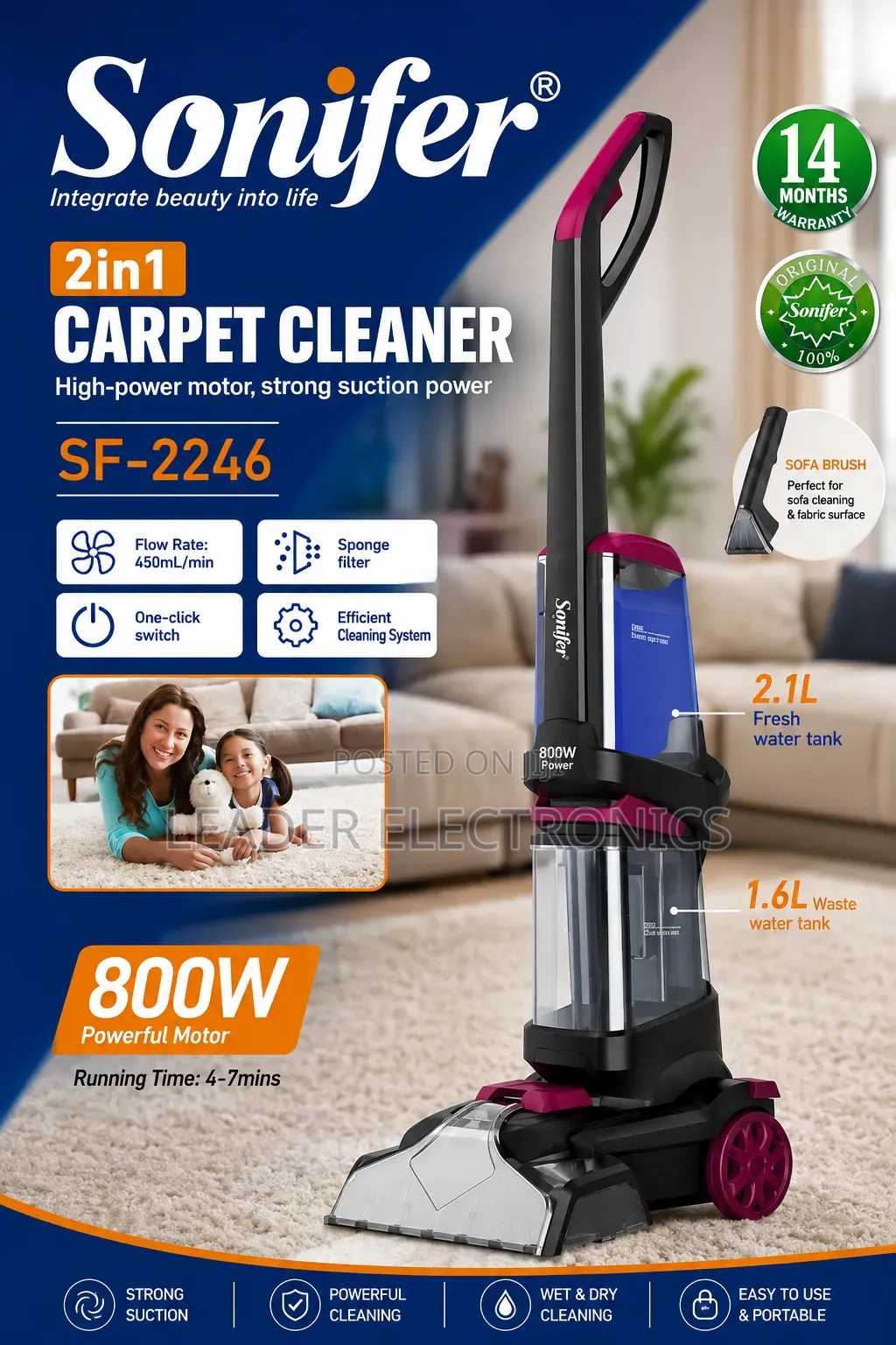 Sonifer 2-in-1 Carpet Cleaner – Wet Dry Deep Cleaning System