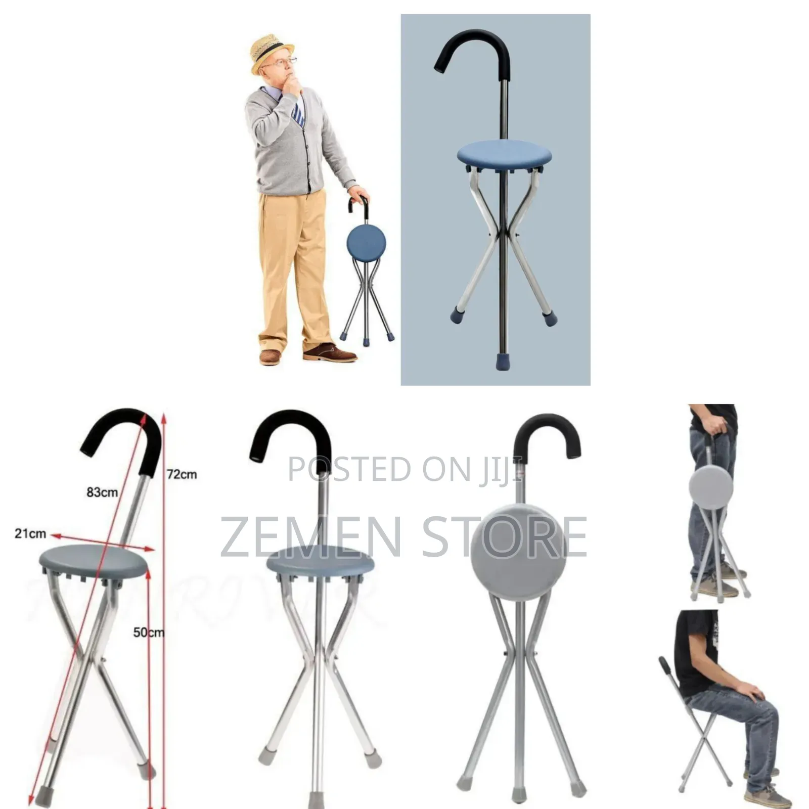 2-in-1 Folding Walking Cane Chair Stool – Portable Tripod Stick