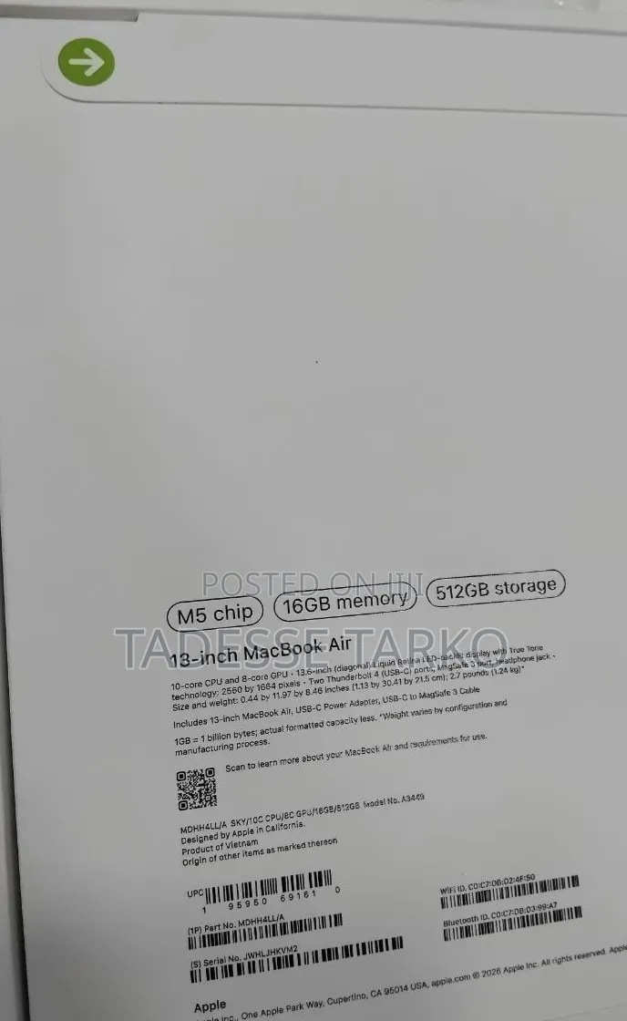 New Laptop Apple MacBook Air 2026 M5 16GB Apple M5 SSD 512GB