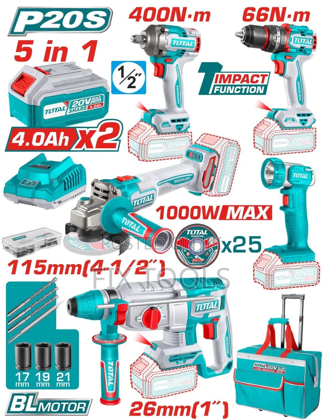 Total 20v Lithium-Ion Industrial 5-Piece Combo Kit.