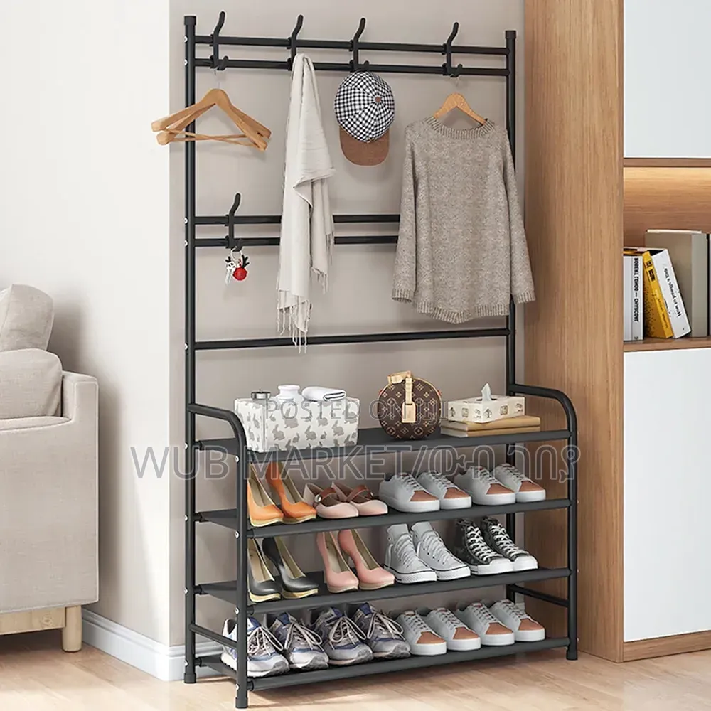 4-tier Shoe Rack With Coat Rack Hooks የጫማ እና የልብስ መስቀያ