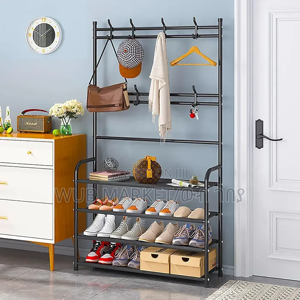 4-tier Shoe Rack With Coat Rack Hooks የጫማ እና የልብስ መስቀያ