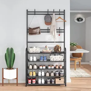 4‒ Tier Sohe Rack With Coat Rack Hooks‒ Black