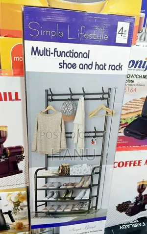 4‒ Tier Sohe Rack With Coat Rack Hooks‒ Black