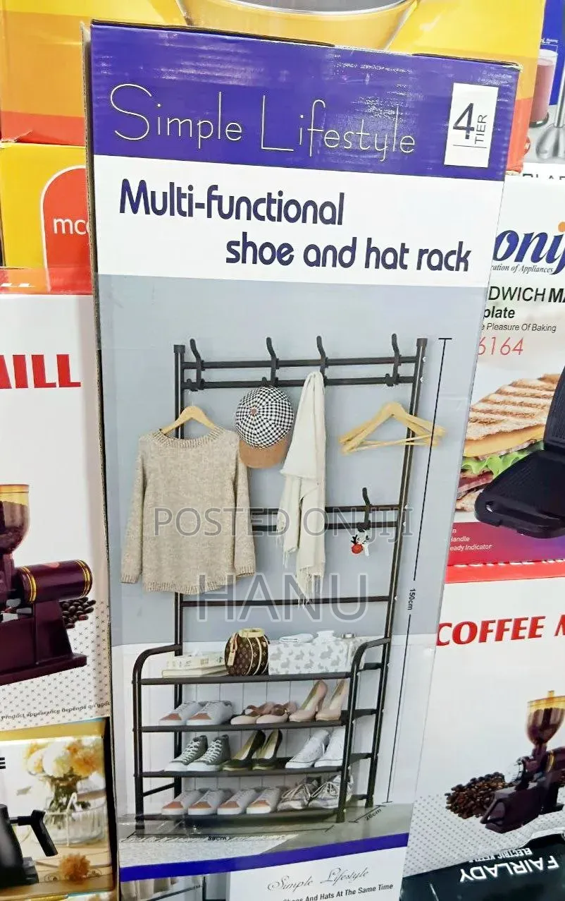 4‒ Tier Sohe Rack With Coat Rack Hooks‒ Black