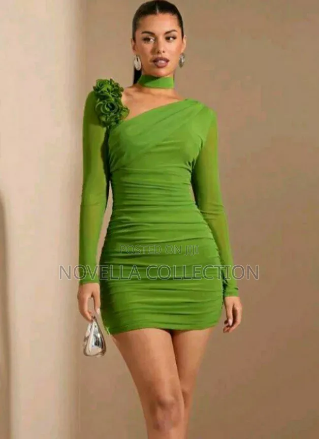 Green Elegant Asymmetric Neck Bodycon 3d Flower Long Sleeve Mini Dress