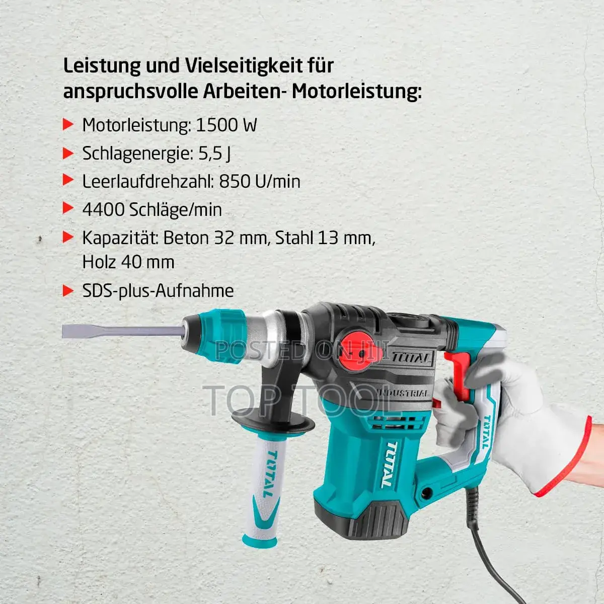 ፡Total Th ሮታሪ ሀመር 1500w ኃይል ያለው ሲሆን ሰማያዊና ግራጫ ቀለም ያለው የመሳሪያ ሞዴል