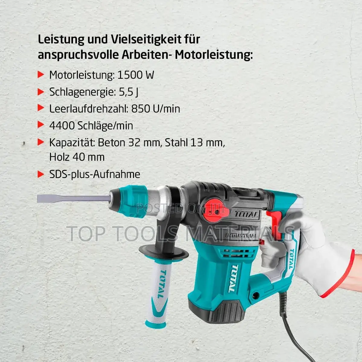 ፡Total Th ሮታሪ ሀመር 1500w ኃይል ያለው ሲሆን ሰማያዊና ግራጫ ቀለም ያለው የመሳሪያ ሞዴል