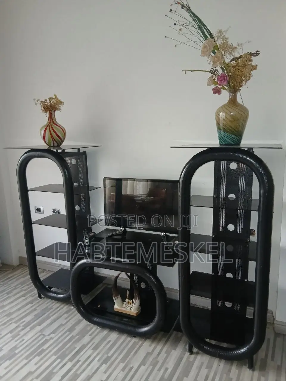 Modern Black Tv Stand With Glass Shelves