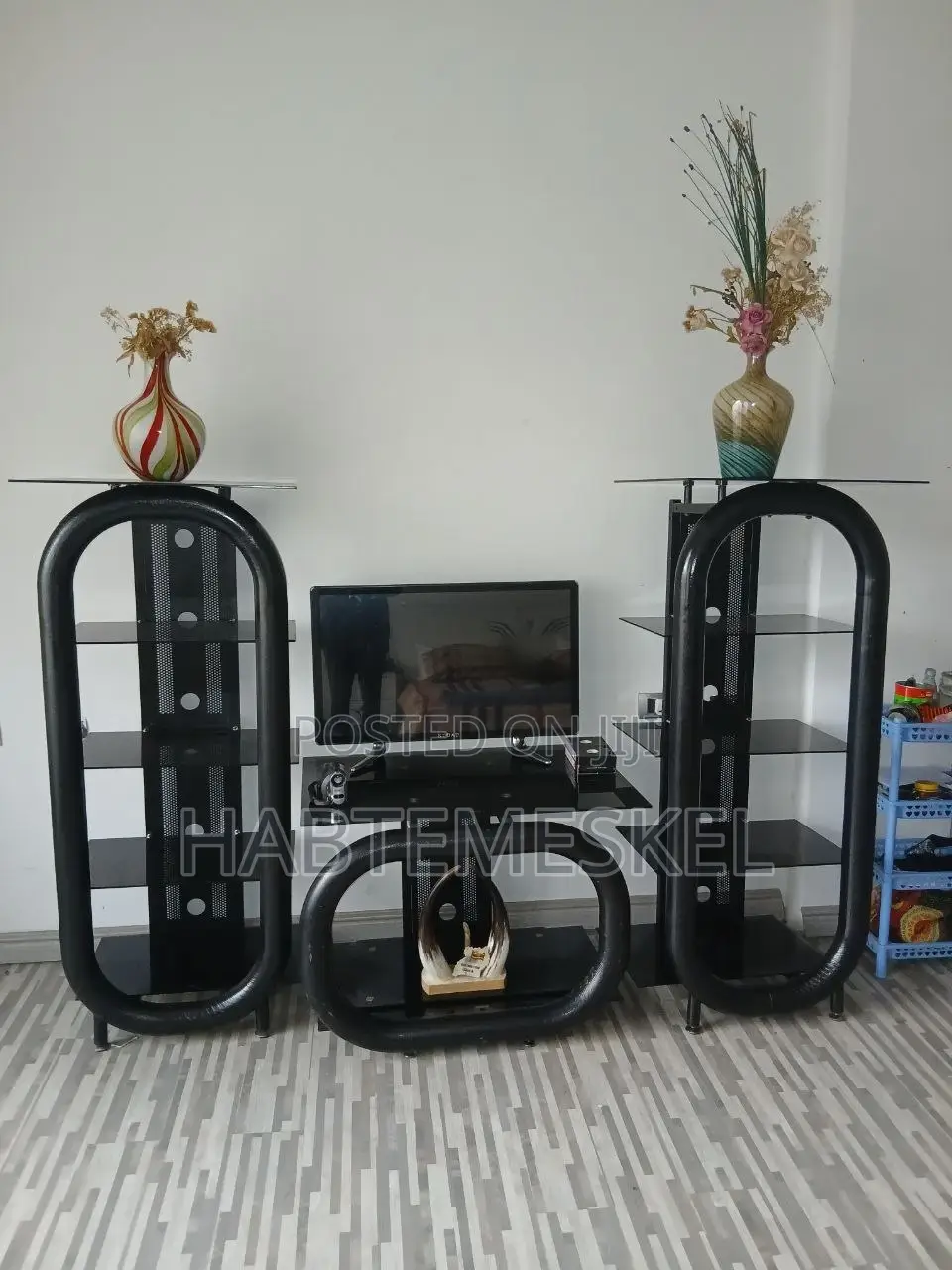 Modern Black Tv Stand With Glass Shelves