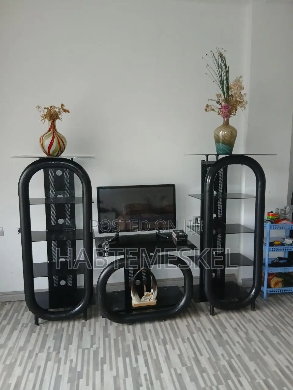Modern Black Tv Stand With Glass Shelves