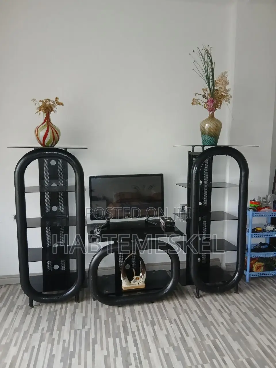 Modern Black Tv Stand With Glass Shelves