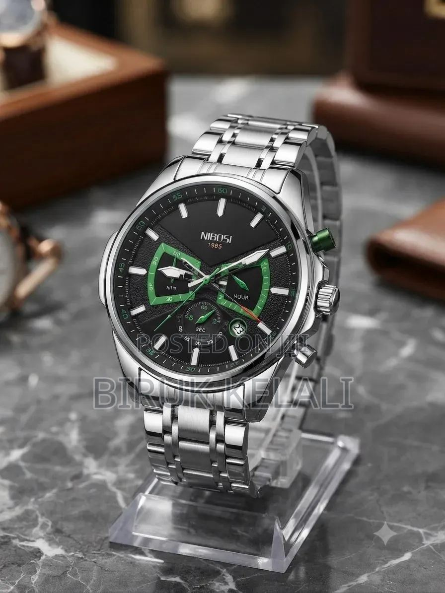 Nibosi Silver Black Luminous Quartz Chronograph
