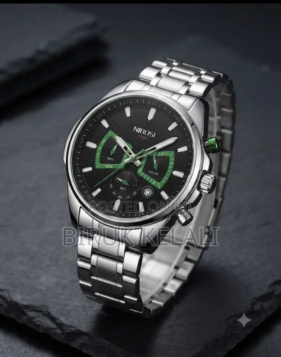 Nibosi Silver Black Luminous Quartz Chronograph