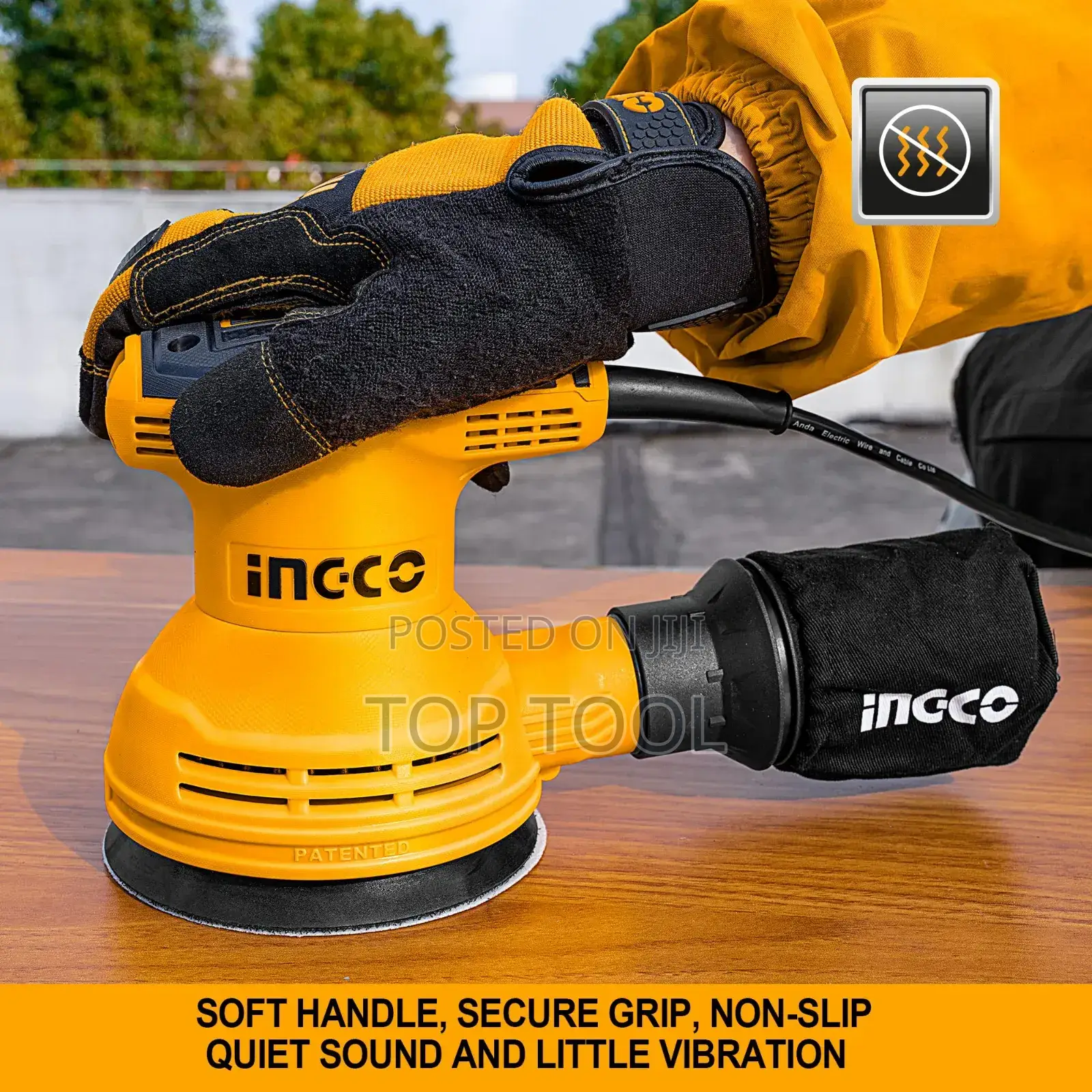 ፡Ingco Rs3208 ሮታሪ ሳንደር ሲሆን ቢጫና ጥቁር ቀለም ያለው ጠንካራ Abs ፕላስቲክ አካል አለው።