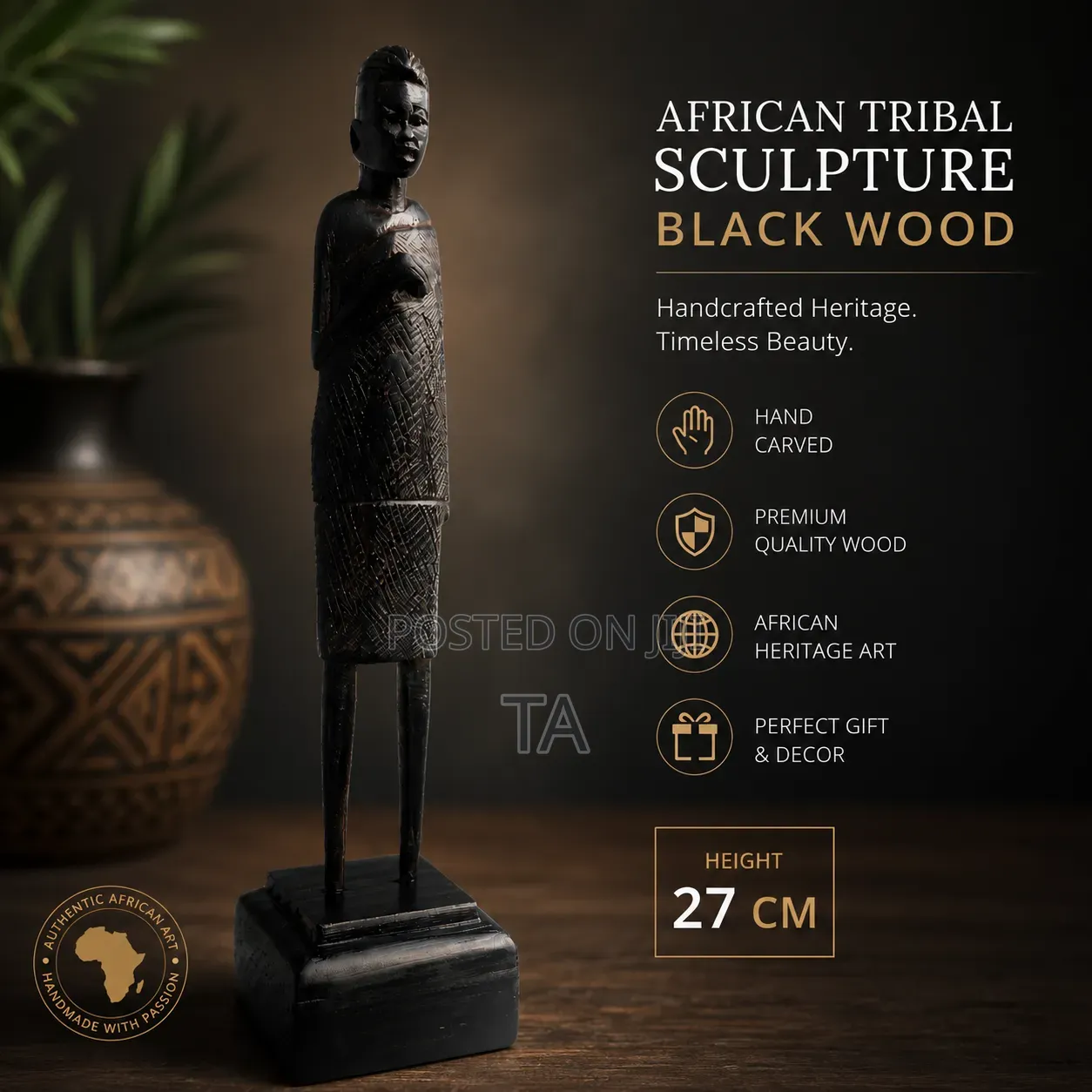 African Tribal Black Wood Sculpture – Premium Handcrafted Decor