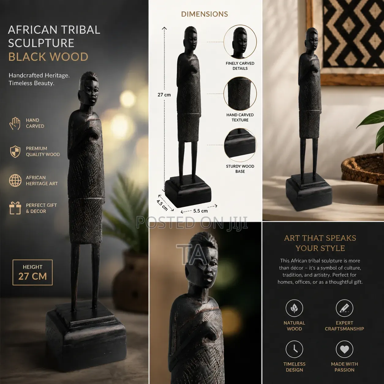 African Tribal Black Wood Sculpture – Premium Handcrafted Decor