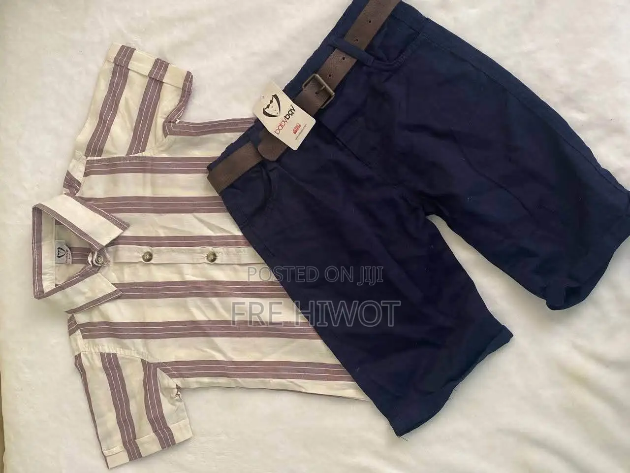 2 Pc Beige Striped Short-Sleeve Shirt Paired With Navy Blue Shorts