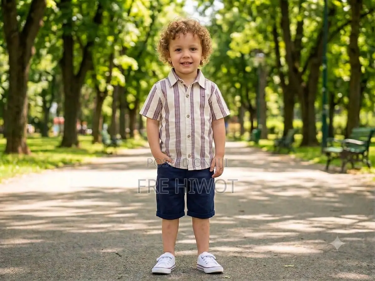 2 Pc Beige Striped Short-Sleeve Shirt Paired With Navy Blue Shorts
