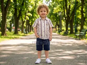 2 Pc Beige Striped Short-Sleeve Shirt Paired With Navy Blue Shorts
